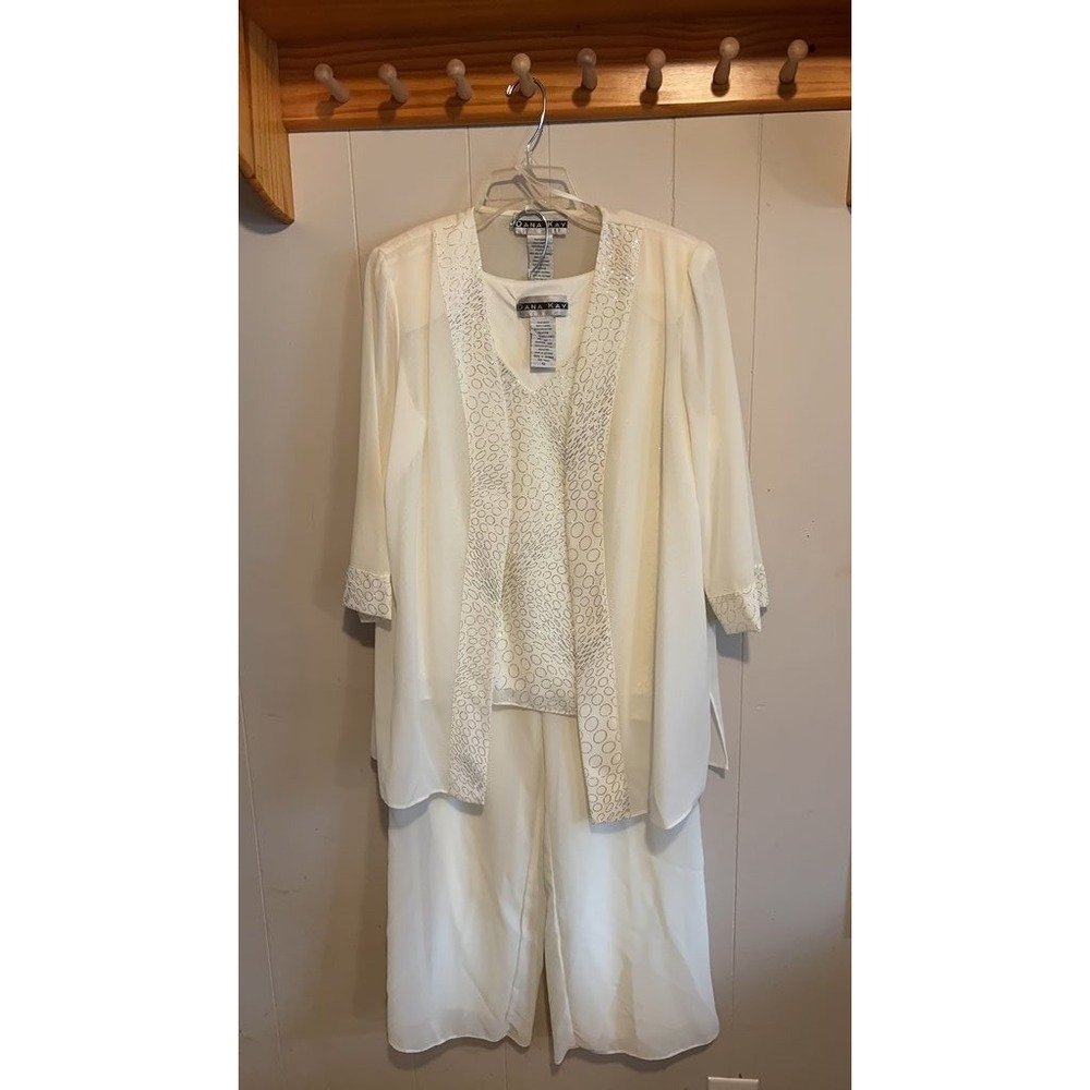Dana Kay Cream Three-Piece Pantsuit Set with Embroidered Tank Top, Sheer Jacket,